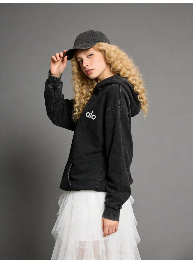 Alo Men's and Women's Washed Black Super Large Hoodie - Retro Fading Cotton Hoodie with Minimalist Logo and Kangaroo Pocket, Suitable for Both Men and Women, Heavy Cotton Up to 400g, Thick and Warm - Image 3